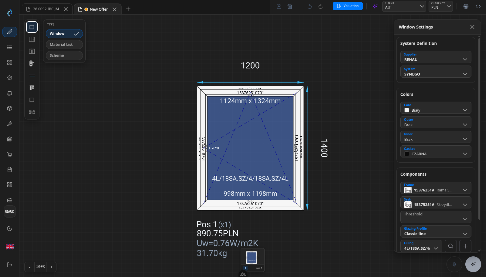 The CADER CAD editor: a window drawn on the canvas with its dimensions, next to a settings panel showing supplier, profile system, colours, frame, sash, glazing profile and filling.