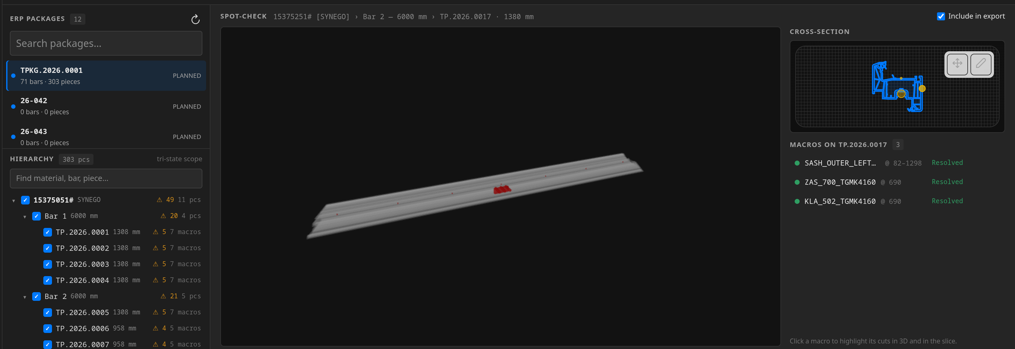 The CADER CNC export screen: a production package broken down into bars and pieces, one profile piece shown in 3D with its machining marked, its cross-section beside it, and the macros resolved for that piece.