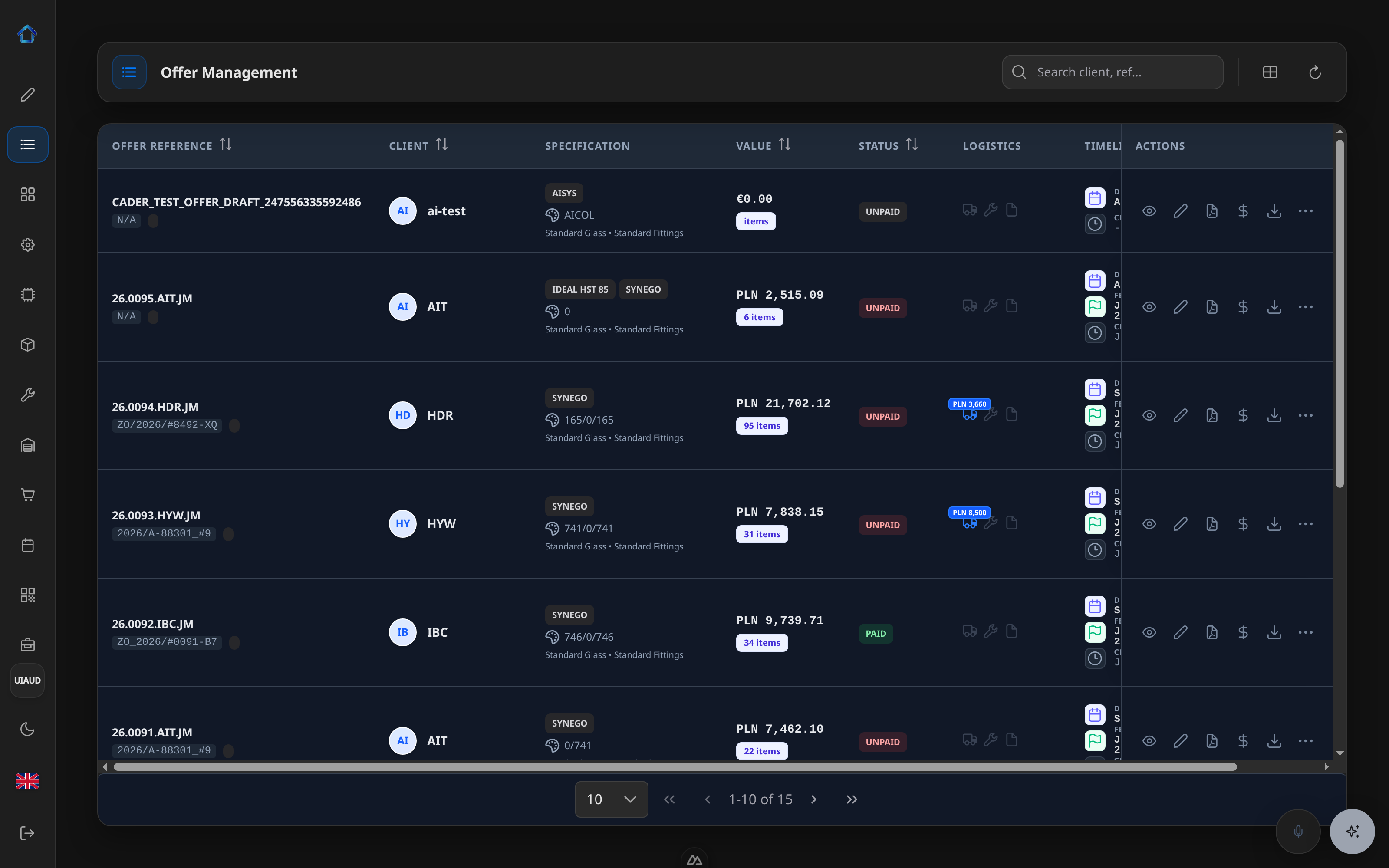 The CADER offer management table: rows with offer reference, client, profile system, value in local currency, payment status, logistics icons, a timeline column and row actions.