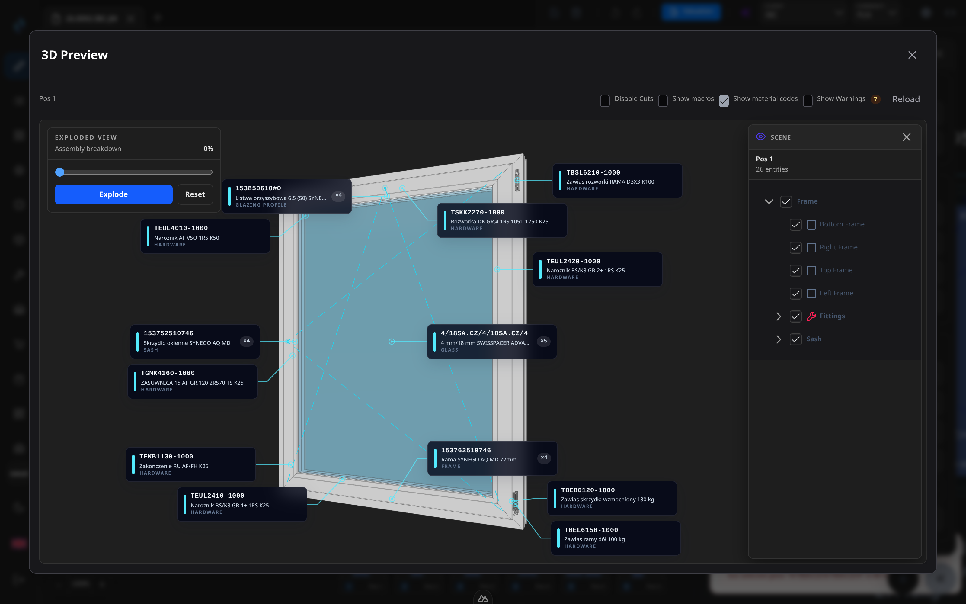 The 3D preview of a window turned slightly to the side: frame, sash and glazing modelled as real parts, each labelled with its material code and description, with a scene tree listing every part.
