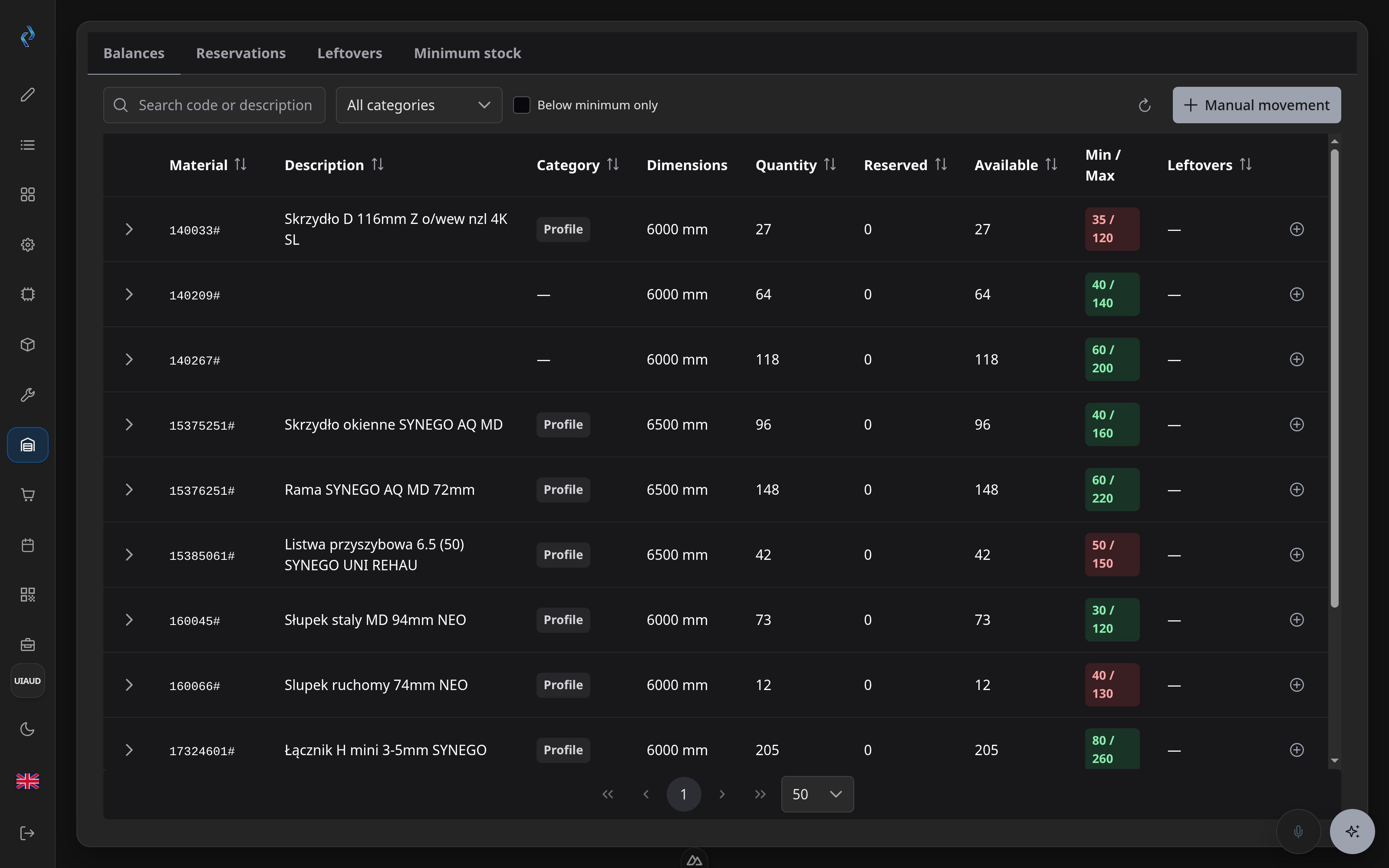 The CADER stock module on the balances tab: columns for material, description, category, dimensions, quantity, reserved, available, minimum and maximum, and leftovers, with a manual movement button and a below-minimum filter.