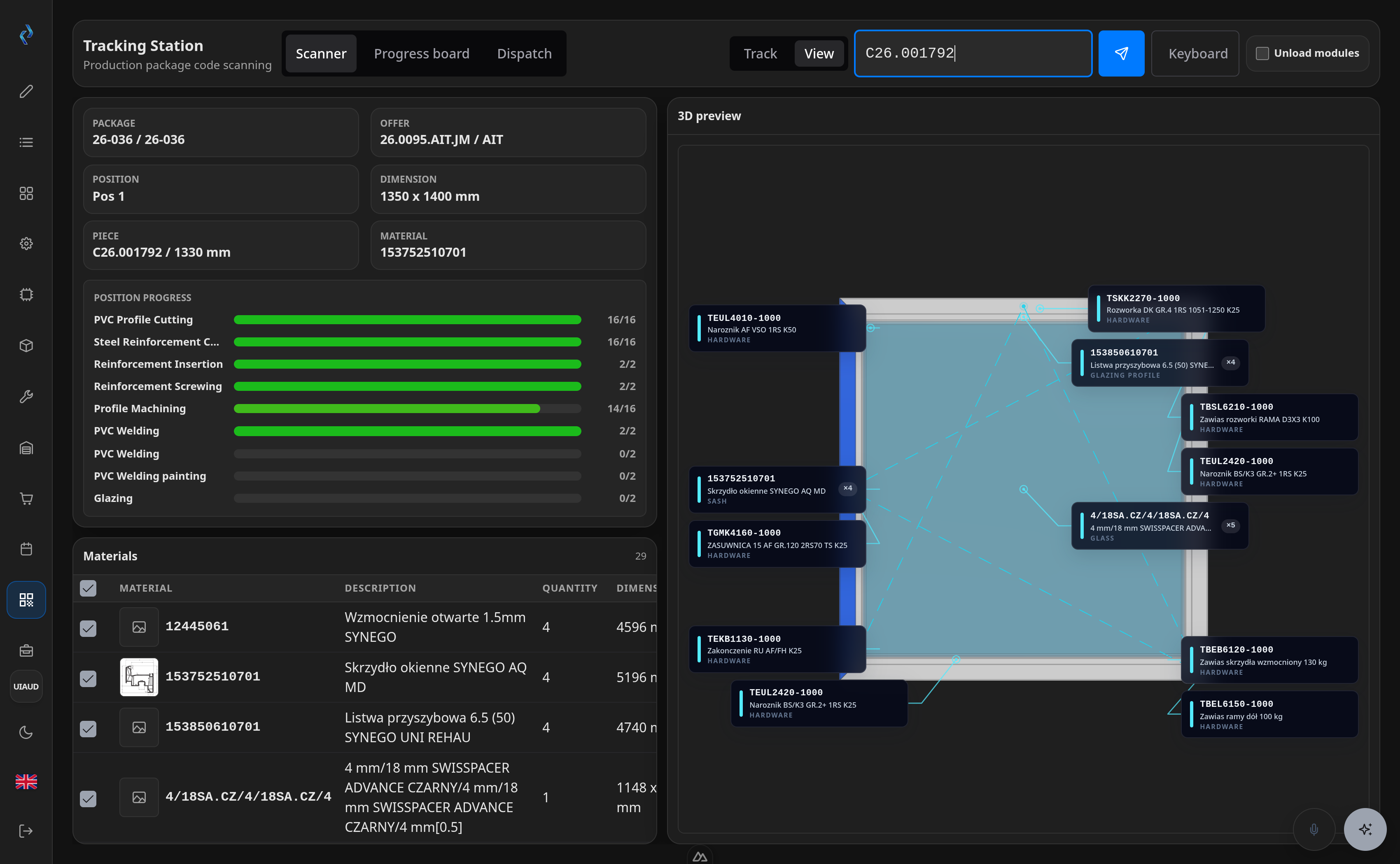 The CADER tracking station after scanning a piece code: package, offer, position and material details, a progress bar per production section, the position material list, and a 3D preview with the scanned profile highlighted.